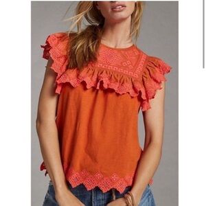 Anthropologie Rica Top Embroidery in Burnt Orange